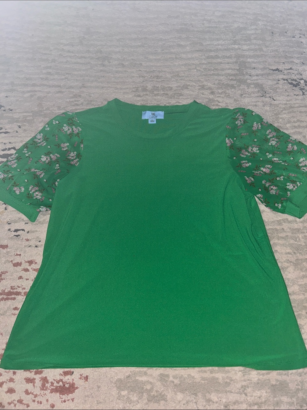 CeCe Green Top with Floral Puff Sleeves